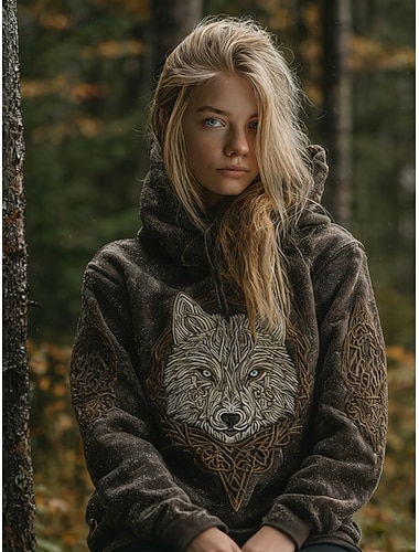  Női Pulóver Hoodie pulóver Állat Törzsi Alkalmi Hosszú ujj Kapucni Normál felsők Utca Hétköznapi Sport Barna Tavasz Ősz Tél
