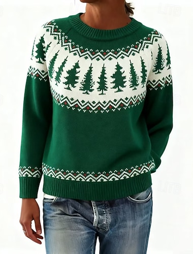  Dámské Vánoční svetr Fair Isle svetr Svetr Svetr Fair Isle Šik ven Na běžné nošení Květinový Vánoční stromek Tričkový Pletený Tisk Dlouhý rukáv Běžné topy Plést Vánoce Dovolená Jdeme ven Rubínov