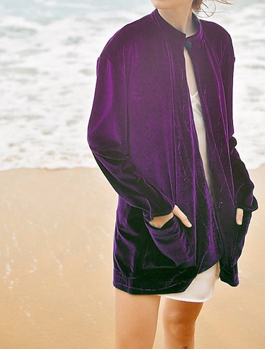  Γυναικεία Μπουφάν πουκάμισο Σακί Velvet Blazers Άνετο Τσέπη Καθημερινό Σκέτο Διακοπές Εξόδου Σαββατοκύριακο Κανονικό Όρθιος Γιακάς Κανονικό Μακρυμάνικο Εξωτερικά ενδύματα Κρασί Σκούρο πράσινο Φούξια