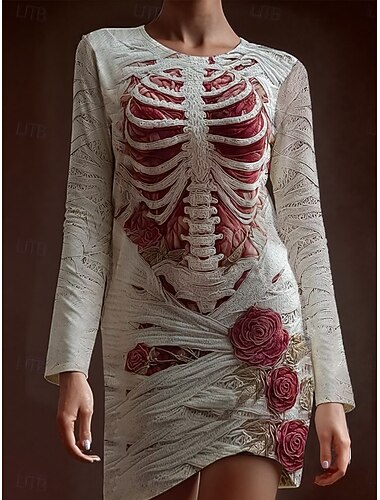 Damen Minikleid Bodycon T-Shirt-Kleid Figurbetontes Kleid Urlaub Lässig Party Normale Passform Grafik Schädel Langarm Rundhalsausschnitt Weiß Frühling Herbst Winter   Damen Minikleid Bodycon T-Shirt-Kleid Figurbetontes Kleid Urlaub Lässig Party Normale Passform Grafik Schädel Langarm Rundhalsausschnitt Weiß Frühling Herbst Winter