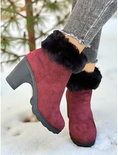  Women's Burgundy Faux Suede Ankle Boots with Faux Fur Lining and Chunky Mid Heels, Warm Fashion Winter Booties for Outdoor Wear & Holiday Outfits
