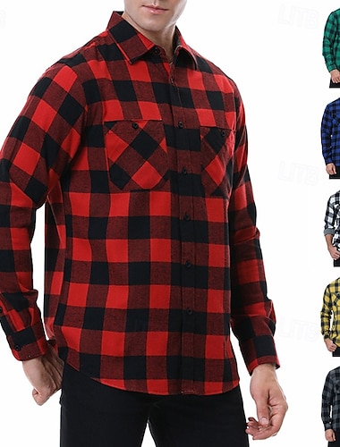 男性用 シャツ カジュアルシャツ フランネルシャツ ボタンアップシャツ オーバーシャツ 市松 アウトドア ストリート ブラック ホワイト イエロー ルビーレッド 長袖 ラペル 春 & 秋 衣類   男性用 シャツ カジュアルシャツ フランネルシャツ ボタンアップシャツ オーバーシャツ 市松 アウトドア ストリート ブラック ホワイト イエロー ルビーレッド 長袖 ラペル 春 & 秋 衣類