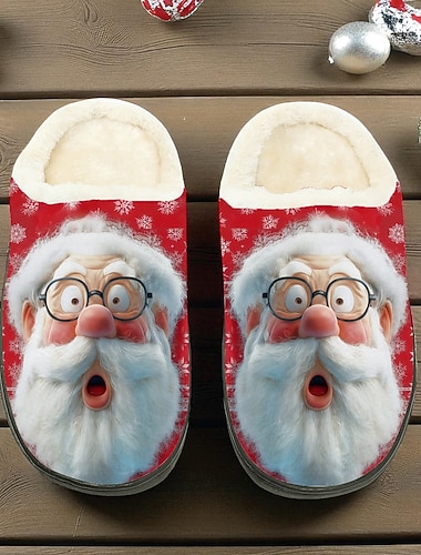  Herre fleece-tøfler med julenissetrykk, morsomme julesko med tegneseriemotiv, varme plysj-tøfler, perfekte for vinterferier og gavegivning