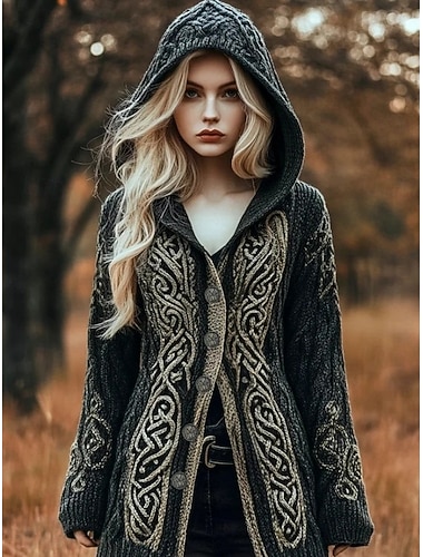  Per donna Cardigan Quotidiano Casual Grafico Geometrico A Coste Con Cappuccio Patchwork Tasca Bottoni Manica Lunga Top lunghi Maglia All'aperto Weekend Nero Autunno Inverno