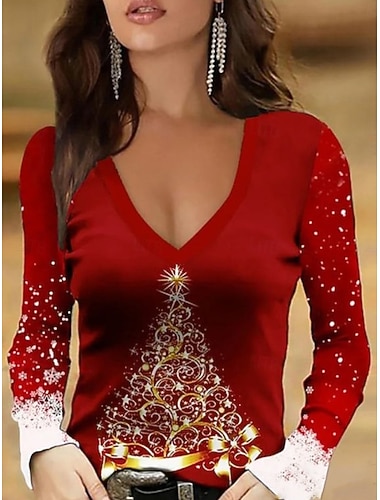 חג המולד נשים חולצת טי עץ חג המולד פתית שלג גרפית פסים נוסטלגית אופנתית קלאסית עם שרוול ארוך צוואר V טופים רגילים מדי הדפס שחור אדום אביב סתיו חורף