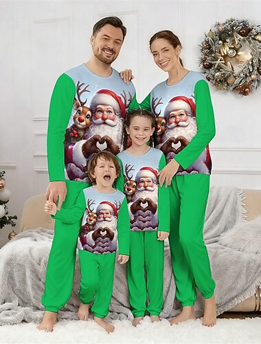  نظرة العائلة عيد الميلاد المجيد بيجامات عائلية لعيد الميلاد منامة مجموعات الأسرة الرسم بابا نويل المنزل طباعة أسود أزرق أخضر كم طويل يوميا ملابس مطابقة