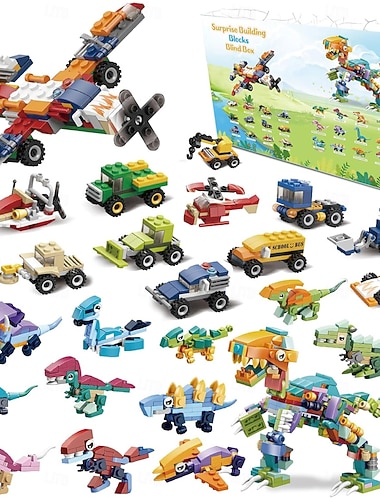  مكعبات بناء تقويم مجيء للأطفال، مجموعة هدايا العد التنازلي لعيد الميلاد مع 24 لعبة مفاجئة بالداخل، مجموعة مكعبات صغيرة على شكل ديناصور وسيارة للأولاد والبنات من سن 5 سنوات فما فوق، مجموعة ألعاب قابلة