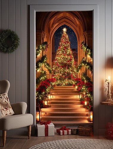  jouluinen ovensuojus talviloman verhot, joissa on hehkuva joulukuusi portailla ja lämpimin keltaisilla valoilla kodin eteiseen olohuoneeseen makuuhuoneeseen juhlava kausiluonteinen koristelu