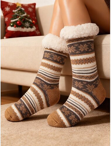  Herre julestrømper med lodden strikkede gulv, varme røde og svarte snøfnuggmønster hjemmesokker med mykt plysjfôr til høytidsfest &vinterklær inne