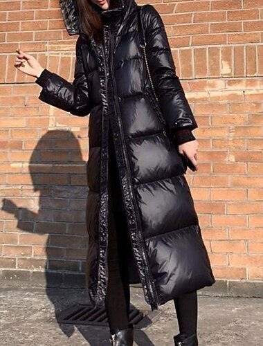  نسائي معطف شتوي أسفل معطف الدفء مريح سحاب جيب Buttons كاجوال سهل الأماكن المفتوحة عطلة مناسب للخارج عطلة نهاية الاسبوع طويلة مع قبعة عادي كم طويل ملابس خارجية أسود الخريف الشتاء