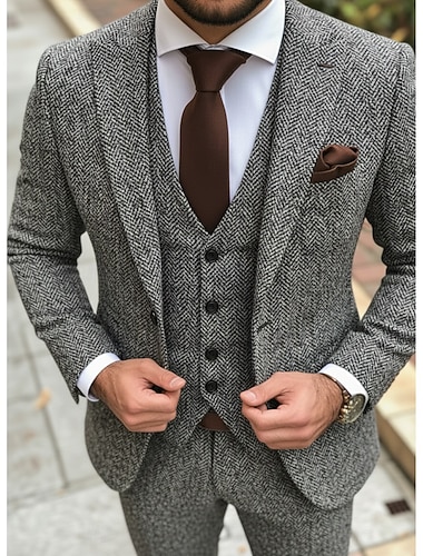  Menn Bryllup Virksomhet Tweed dresser Spissjakkeslag Svart Grå Formelt Fiskebein Skreddersydd 3 deler sett Enkelt Brystet Enn-knapp
