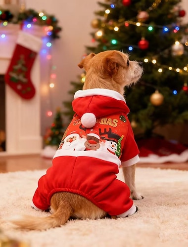  Χριστουγεννιάτικη φόρμα για κατοικίδια με κουκούλα - αξιολάτρευτη πιτζάμα σκύλου-γάτας με τύπωμα Άγιου Βασίλη, ταράνδους και χιονάνθρωπου - ζεστή &εορταστικό κορμάκι για κατοικίδια