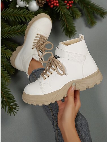  حذاء نسائي أبيض برباط للكاحل - حذاء شتوي بنعل سميك، أنيق لعيد الميلاد، وملابس الشارع، والنزهات غير الرسمية