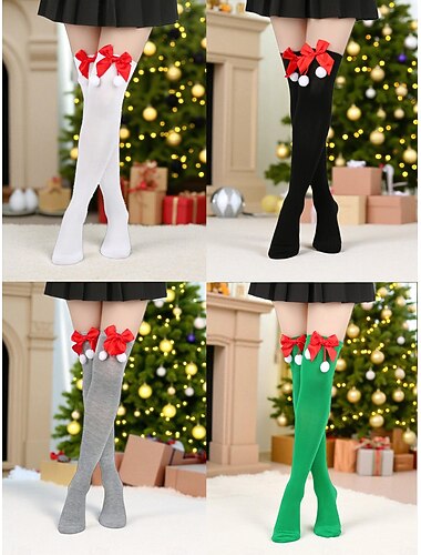  Χριστουγεννιάτικο σετ γυναικείων καλτσών μέχρι τον μηρό, 4 ζευγάρια ριγέ &Μονόχρωμες κόκκινες εορταστικές κάλτσες με φιόγκους και πομ πομ, εορταστικές κάλτσες πάνω από το γόνατο για χειμερινά πάρτι