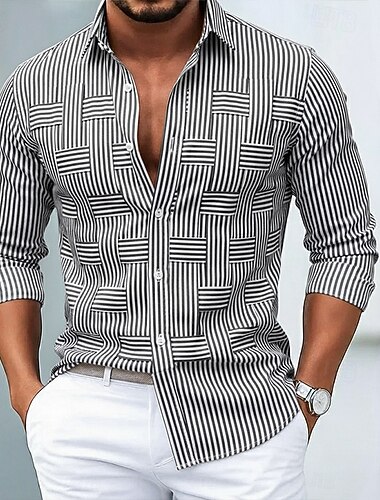 Herren Hemd Freizeithemd Knopfhemd Schwarz Blau Kaki Langarm Streifen und Karo Revers Lässig Täglich Weberei Bekleidung Mode Designer   Herren Hemd Freizeithemd Knopfhemd Schwarz Blau Kaki Langarm Streifen und Karo Revers Lässig Täglich Weberei Bekleidung Mode Designer