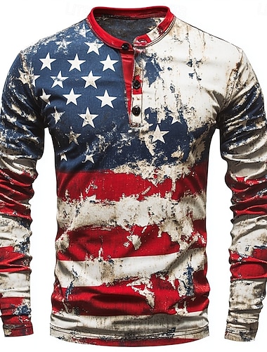  رجالي مكتب  /  الأعمال علم امريكا قميص هينلي كم طويل نمط عتيق كاجوال فضفاض مناسب للعطلات ربيع & الصيف كل الفصول 1# 2# 3# هينلي تي شيرت هنلي