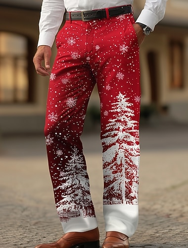  Homme Arbre de Noël Motif de flocon de neige Pantalons Dress Pants works Pantalons de Costume Taille Moyenne Occasionnel Soirée Fête Pantalon habillé coupe décontractée à devant plat avec poches