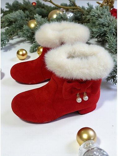 Botas de veludo vermelho para crianças com pompons e laços - estilo festivo, perfeitas para festas de Natal e comemorações de inverno   Botas de veludo vermelho para crianças com pompons e laços - estilo festivo, perfeitas para festas de Natal e comemorações de inverno