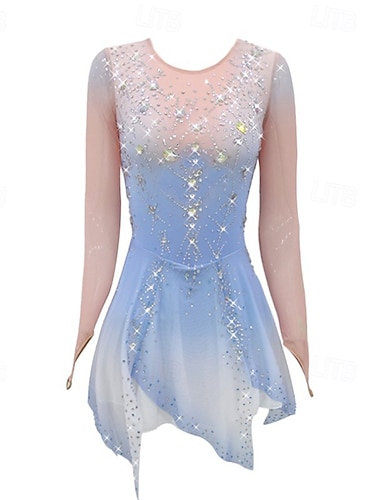  Eiskunstlaufkleid Damen Mädchen Eislaufen Kleid Himmelblau Daumenloch Asymmetrischer Saum Netzstoff Hohe Elastizität Training Wettbewerb Eiskunstlaufkleidung Klassisch Kristall / Strass Langarm