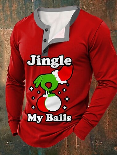  Муж. Новогодняя тематика колокольчик Рубашка Хенли Длинный рукав Мода Симпатичные Стиль Повседневные Повседневные Праздники На выход Осень Зима Весна & осень Черный Синий Зеленый Красный Хенли