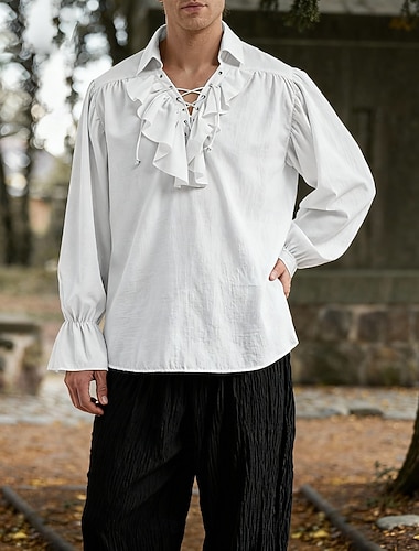  بانغك & قوطي العصور الوسطى عصر النهضة قميص قياس كبير قرصان الفارس الفايكينج كشكش لون سادة ملابس تنكرية رجالي قرصان رويال عيد الرعب مهرجان أداء معرض النهضة LARP للبالغين قميص