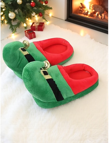 כפכפי גמדים לחג המולד לנשים, פליז נעים עם עיצוב חגורה מלאכותית, נעלי חג אדומות וירוקות למסיבות חג המולד ונוחות חגיגית   כפכפי גמדים לחג המולד לנשים, פליז נעים עם עיצוב חגורה מלאכותית, נעלי חג אדומות וירוקות למסיבות חג המולד ונוחות חגיגית