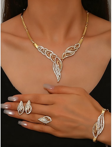  dames vergulde sieradenset met strass steentjes, elegante 4-delige ketting, armband, oorbellen &ringenset voor feesten, bruiloften &avond evenementen
