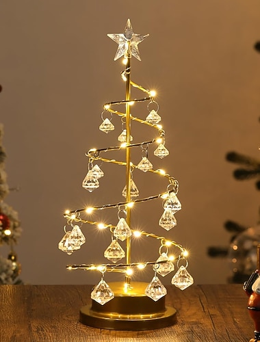  Luz de Árvore de Natal Luz Noturna de Árvore de Natal a Bateria Abajur Espiral de Cristal de Acrílico com Luz Estrela  Base de Metal Decoração de Natal para Quarto Mesa Interior