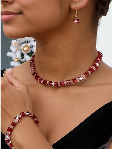 Damen-Schmuckset mit roten Kristallperlen für die Weihnachtsfeier, elegante Halskette, Armband &Ohrhänger-Set für Feiertage und formelle Anlässe