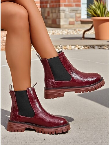  Bourgondische chelsea boots van imitatieleer voor dames met elastische zijpanelen en antislipzool, stijlvolle enkellaarsjes voor casual en dagelijks gebruik in de herfst en winter