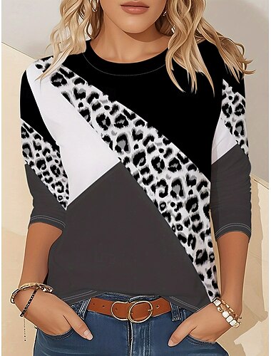  Women's T Shirt Print Graphic Leopard Geometric Vintage Fashion Stylish Long Sleeve Crew Neck Round Neck Regular Tops Daily Weekend Black and gray Fall Winter