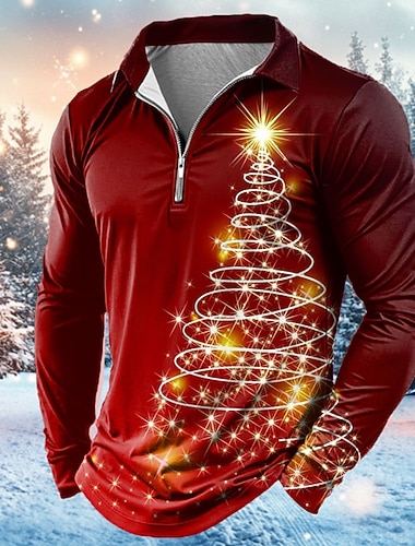 Jul Herre Juletre Poloskjorter med glidelås Langermet Poloskjorter Knaphul Fritid utendørs Festivalantrekk 3D-utskrift Vår Høst Vinter Rød Blå Lilla   Jul Herre Juletre Poloskjorter med glidelås Langermet Poloskjorter Knaphul Fritid utendørs Festivalantrekk 3D-utskrift Vår Høst Vinter Rød Blå Lilla