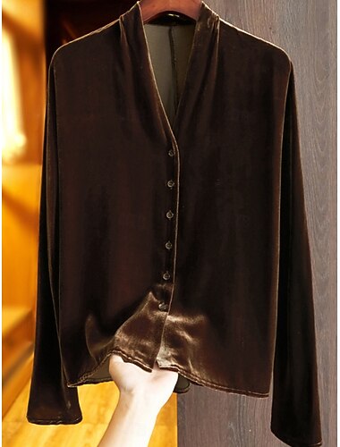  クリスマス レディース ベルベット ブラウス ソリッドカラー エレガント スタイリッシュ ベーシック ロングスリーブ Vネック レギュラートップス デイリー ボタン ブラック ブラウン 春 秋 冬