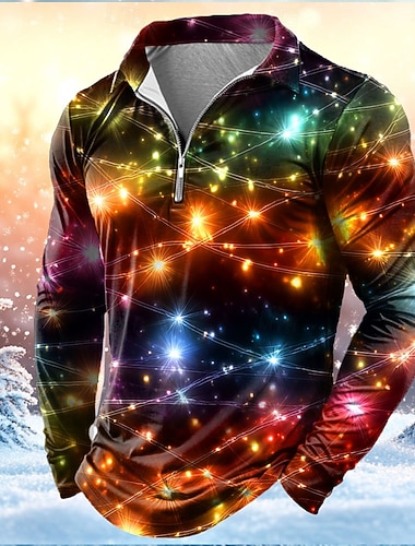  Weihnachten Herren Laternen Poloshirts mit Reißverschluss Langarm Polo-Shirts Revers Lässig Outdoor Ferien Festival-Outfit 3D-Druck Frühling Herbst Winter Schwarz 1 Schwarz 2 Schwarz