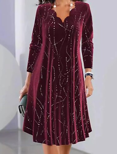  Jule damer's fløyels mini-kjole A-linjekjole elegant fest bursdag bryllup fest ensfarget langermet V-hals rød vår høst vinter