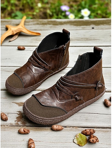  stivaletti da donna in similpelle vintage color caffè con cerniera laterale: comodi stivaletti per abbigliamento casual, passeggiate all'aperto e outfit quotidiani