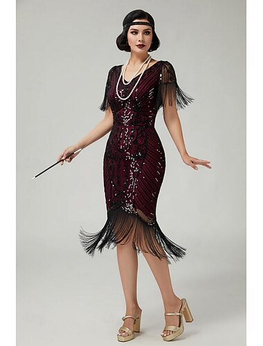  Goldene Zwanziger 1920er Knielang Flapper Kleid Kurze Ärmel Der große Gatsby Pailletten Fransen V Ausschnitt Kostüm Damen Weihnachten Karneval Maskerade Retro-Mottoparty Charleston-Tanz Erwachsene