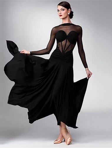  Ballsaal-Tanzkleid für Damen, schwarzes Netz, transparent, herzförmiger Ausschnitt, lange Ärmel, elegant, Tango, Walzer, Rumba, Performance, Wettkampfkleid