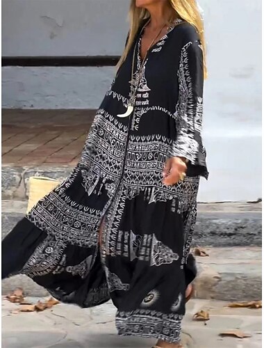 نسائي فستان طويل فستان شكل حرف A العطلة كاجوال بوهو الأماكن المفتوحة مناسب للخارج فضفاض صالح ورد زخرفات عرقي كم طويل V رقبة أسود الصيف الربيع الخريف   نسائي فستان طويل فستان شكل حرف A العطلة كاجوال بوهو الأماكن المفتوحة مناسب للخارج فضفاض صالح ورد زخرفات عرقي كم طويل V رقبة أسود الصيف الربيع الخريف