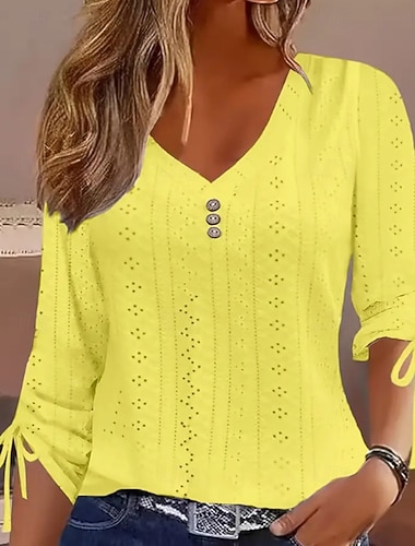  Damen Bluse Einfach Modern Lässig Langarm V Ausschnitt Normale Oberteile Täglich Ferien Knöpfe Schwarz Weiß Gelb Rosa Blau Frühling Herbst