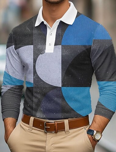  Miesten Väripalikka Geometrinen Polo Pitkähihainen Poolopaidat Kauluskäänne Business Casual ulko- Urheilu- ja treenivaatteet Arki-asut 3D-tulostus Napit Kevät Syksy Talvi Rubiini Sininen Ruskea