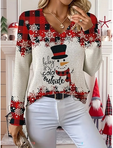  Dames Trui Stoppen Modieus Streetwear Casual Grafisch Kerstboom Sneeuwpop V-hals Extra groot Gebreid Lange mouw Normale tops breien Buiten Dagelijks Rood Lente Herfst