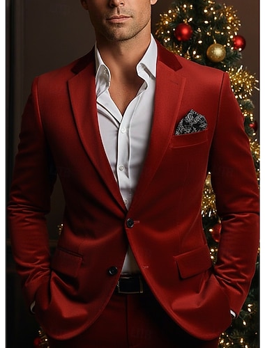  メンズ クリスマス カジュアル パーティー ベルベット スーツ ノッチラペル イエロー レッド クリスマス ファッション 無地 テーラードフィット 2ピース シングルブレスト 2つボタン