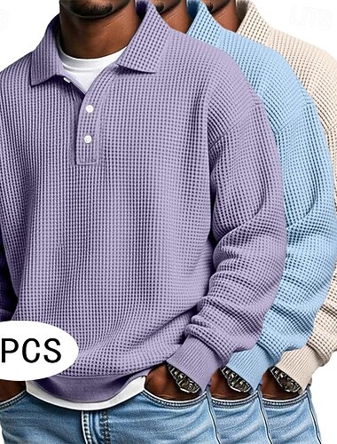 Lot de 3 polos gaufrés pour homme, style business, col polo côtelé, manches longues, couleur unie, idéal pour l'automne et le printemps. &automne toutes saisons coupe ample