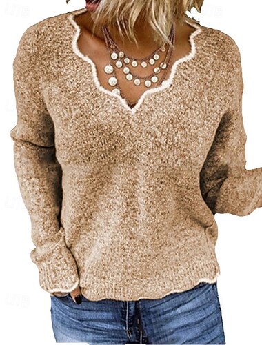  Damen Pullover Streetwear Lässig Farbblock V Ausschnitt Patchwork Gestrickt Langarm Normale Oberteile Stricken Täglich Ferien Ausgehen Schwarz Rosa Herbst Winter