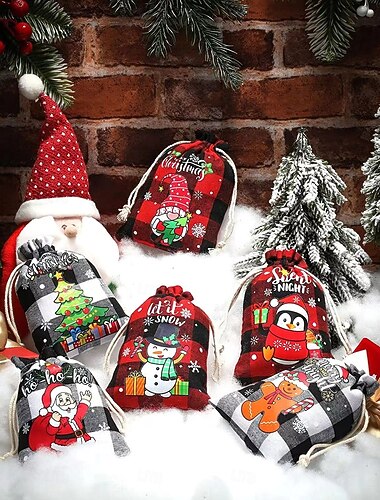  36 Stück kleine Weihnachtstüten aus Baumwolle mit Kordelzug für Süßigkeiten und Leckereien, Buffalo Plaid, Weihnachtsstoff, Geschenktüten für Weihnachtsgeschenke, wiederverwendbare