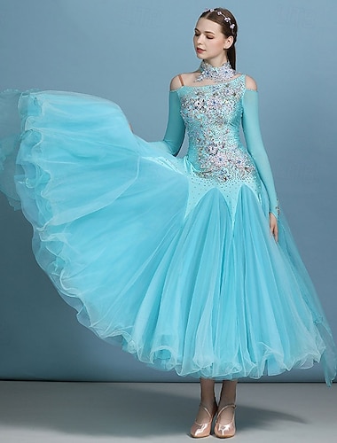  女性用社交ダンスドレス クリスタル刺繍 オフショルダー メッシュ レイヤード エレガント ワルツ タンゴ フォックストロット 競技パフォーマンスガウン - アイスブルー