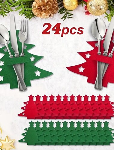  24-osainen joulukuusen muotoinen pöytäliina ja huopainen aterinpussi – juhlava joulupöytäkoriste joulujuhliin, perhejuhliin, sesonginmukaisiin ruokailuihin ja muihin erityisiin lomajuhliin