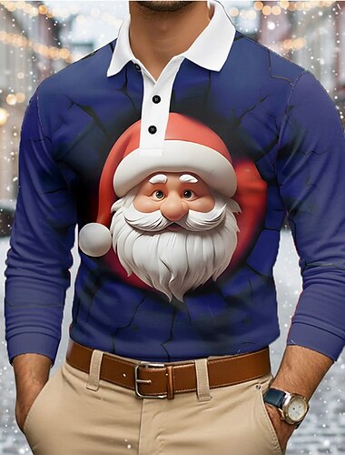  عيد الميلاد المجيد رجالي بابا نويل بولو ستايل كم طويل قمصان البولو Lapel كاجوال الأماكن المفتوحة مناسب للعطلات مناسب للبس اليومي طباعة ثلاثية الأبعاد Buttons الربيع الخريف الشتاء أزرق أرجواني أخضر