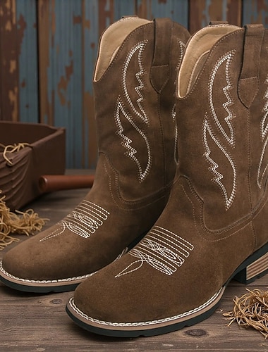 Men's Brown Western Cowboy Boots – Stylish Suede Design with Detailed Stitching, Ideal for Casual Outings and Country Style Fashion   Men's Brown Western Cowboy Boots – Stylish Suede Design with Detailed Stitching, Ideal for Casual Outings and Country Style Fashion